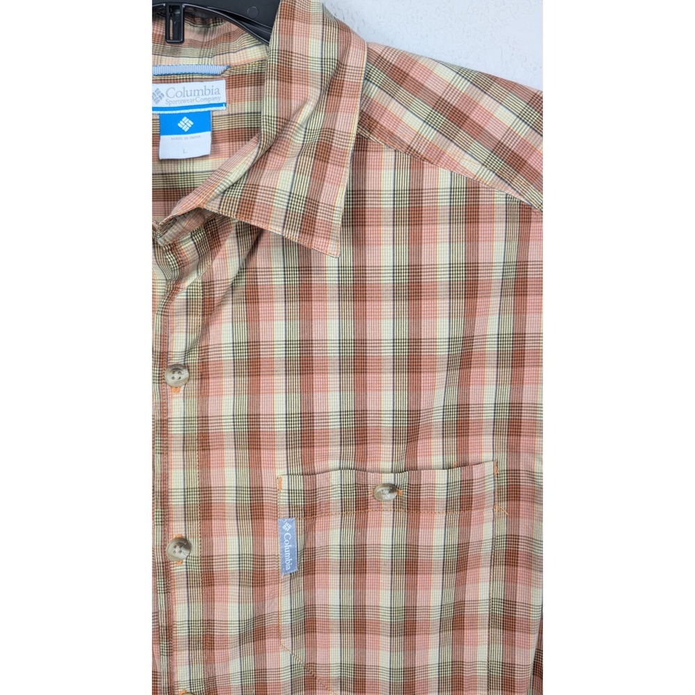 Columbia Mens Plaid‎ Shirt Short Sleeve Button Up Large Orange Brown
